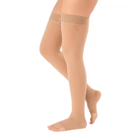 Чулки компрессионные Evolution ТК.930 унисекс 2 класс компрессии с открытым носком и гладкой резинкой на широкое бедро цвет бежевый