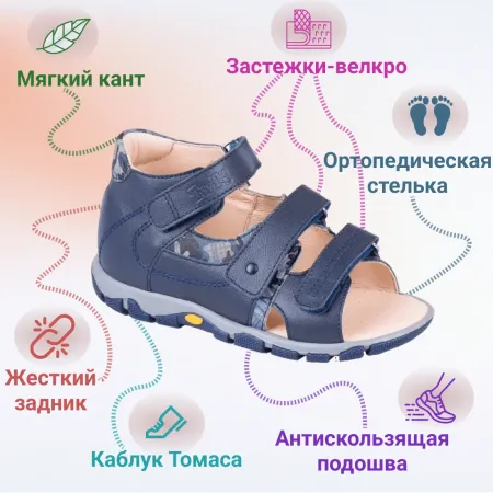 Сандалии ортопедические детские TWIKI TW-134-17 кожаные с открытым носом цвет синий комбинированный 